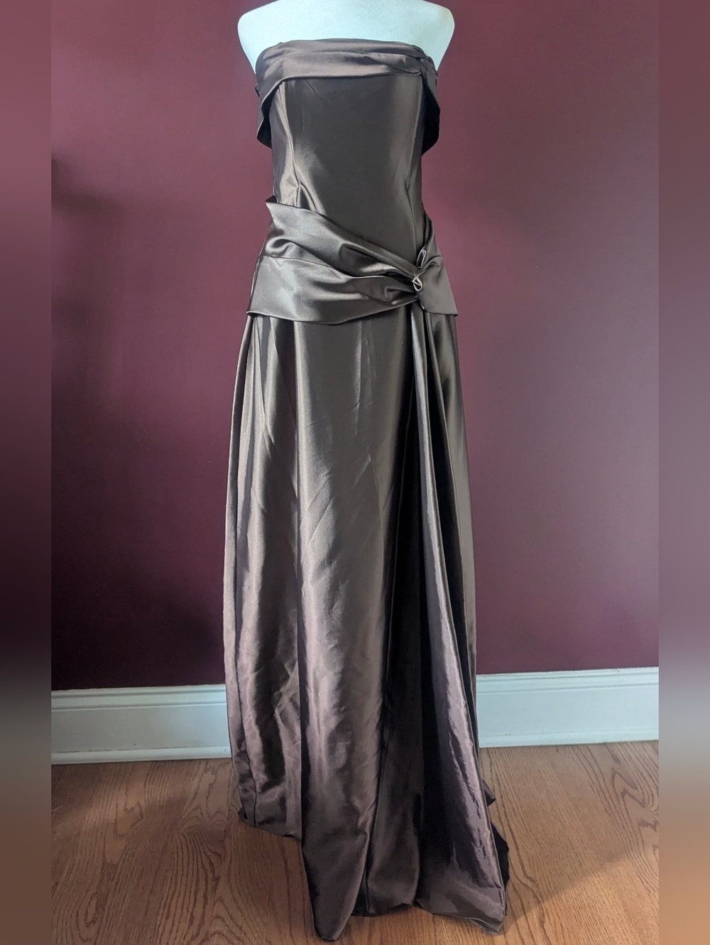 Vintage Juno Strapless Satin Gown Warm Brown Formal Dress with Shawl - Picture 3 of 12